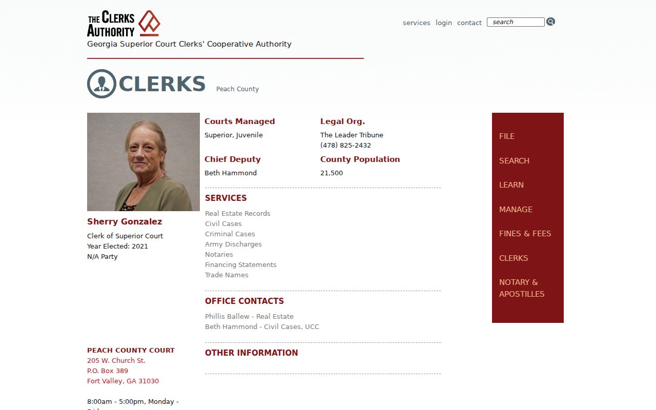 Georgia clerk directory entry for Peach County Superior Court records