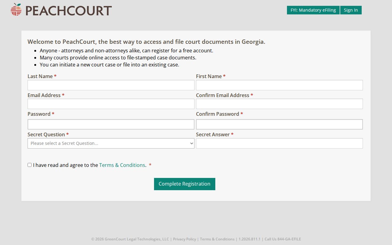 PeachCourt registration screen used before Peach County case search
